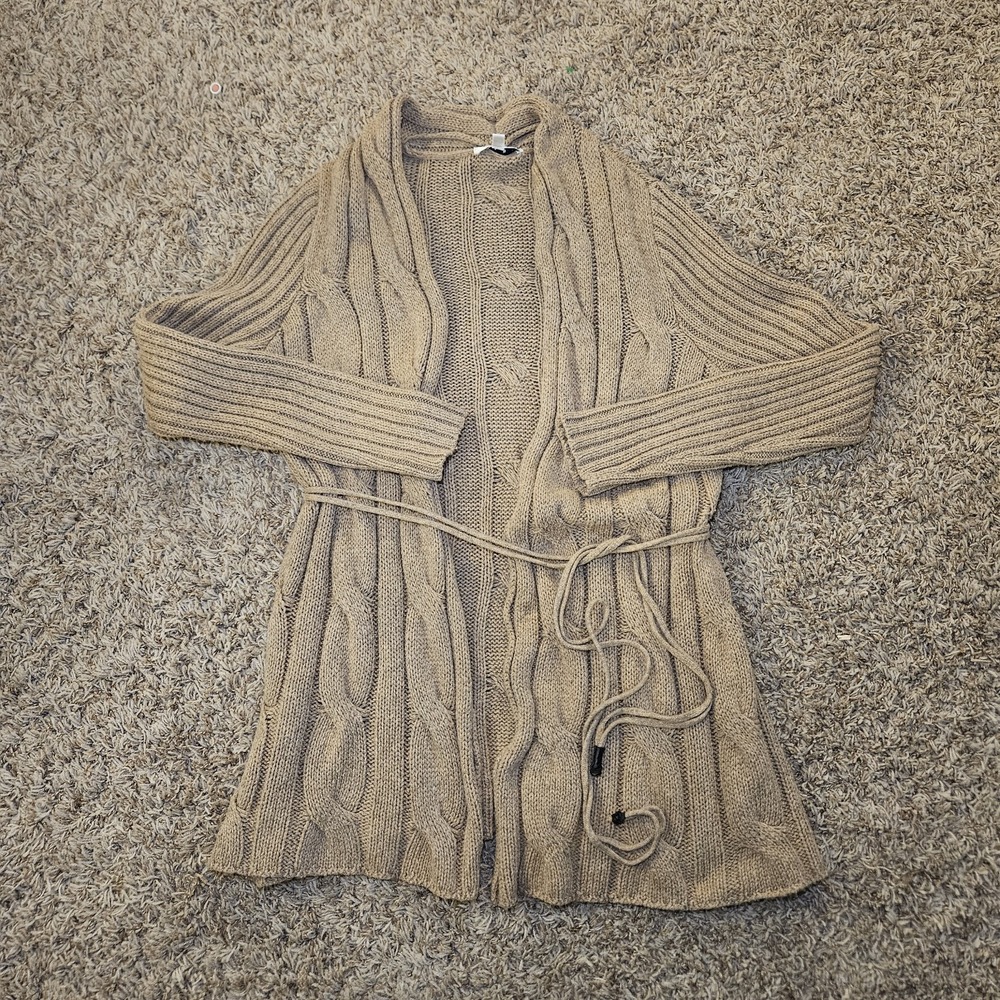 Cabi Acorn Brown Cable Knit Cotton Wool Blend Sweater Large Open Front Tie Waist